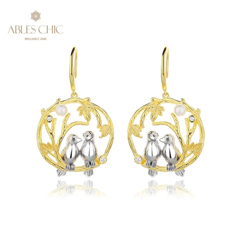

AC Freshwater Pearls 3.5-4mm Accent Bird Couple Garland 18K Gold Two Tone Solid 925 Silver Patterned Drop Earrings PE1049