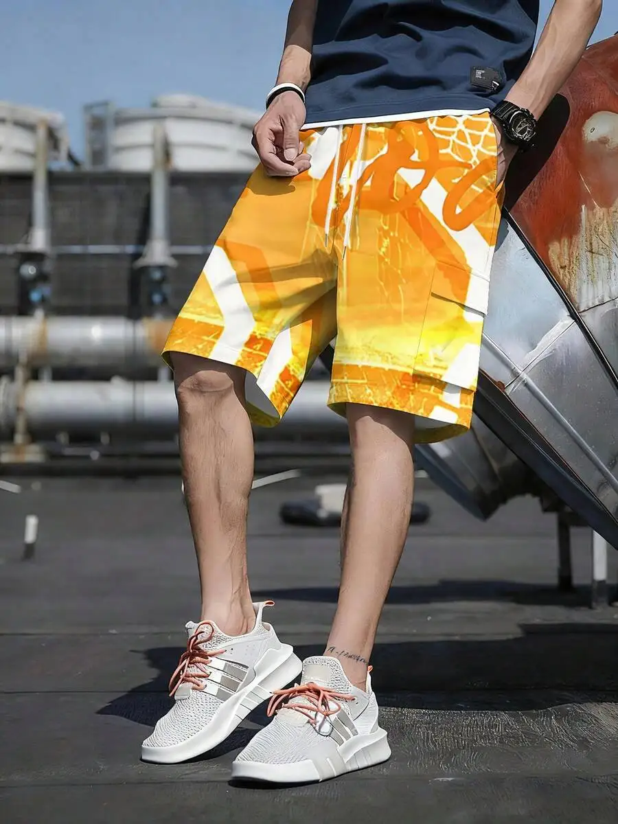 

Mens Orange White Art Brushstroke Pattern Workwear Shorts With Pocket And Drawstring