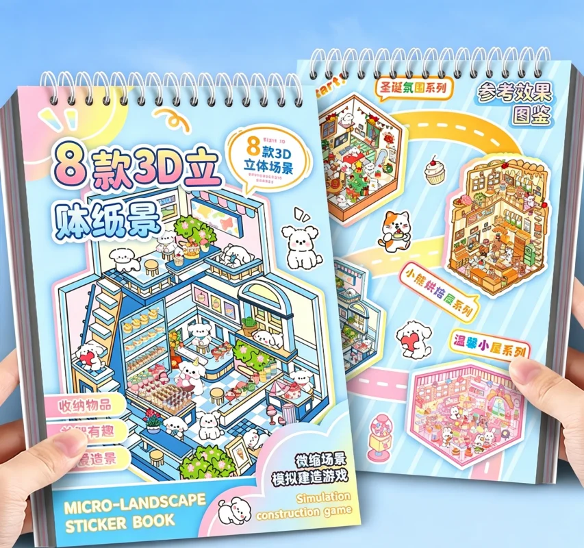 JCAC 22pcs/bag Kawaii Miniature Scene Sticker Book with Tweezers, Cartoon Character DIY Collage, Stress Relief, Pastime & Gift