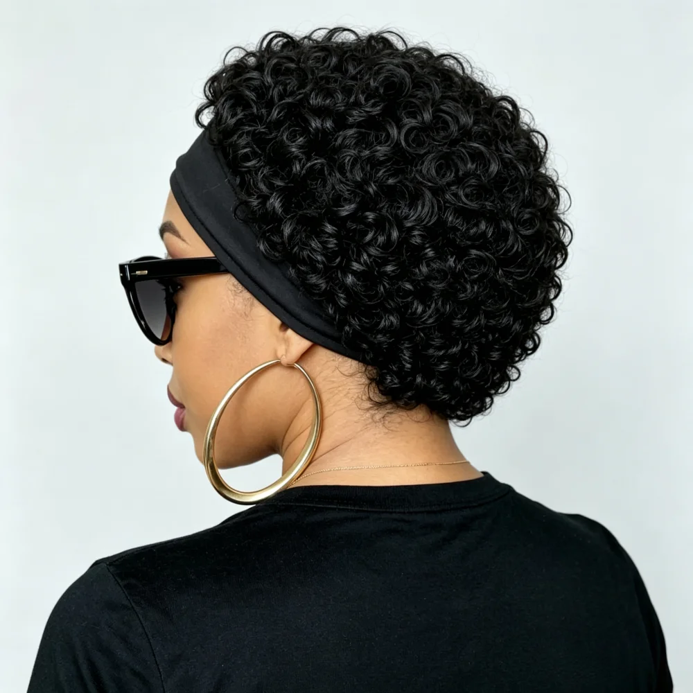 完全機械製の人工毛を使用した、女性用の短いカールヘアのヘッドバンドウィッグ。自然なカールが特徴の人工毛ヘッドバンドウィッグ。