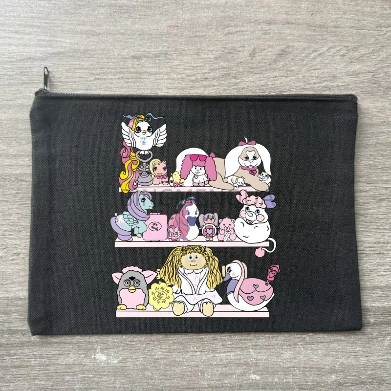 Kawaii Polly Pocket Canvas Storage Pouch Multi Functional black Cosmetic Bag Zipper Pencil Case For Students DIY