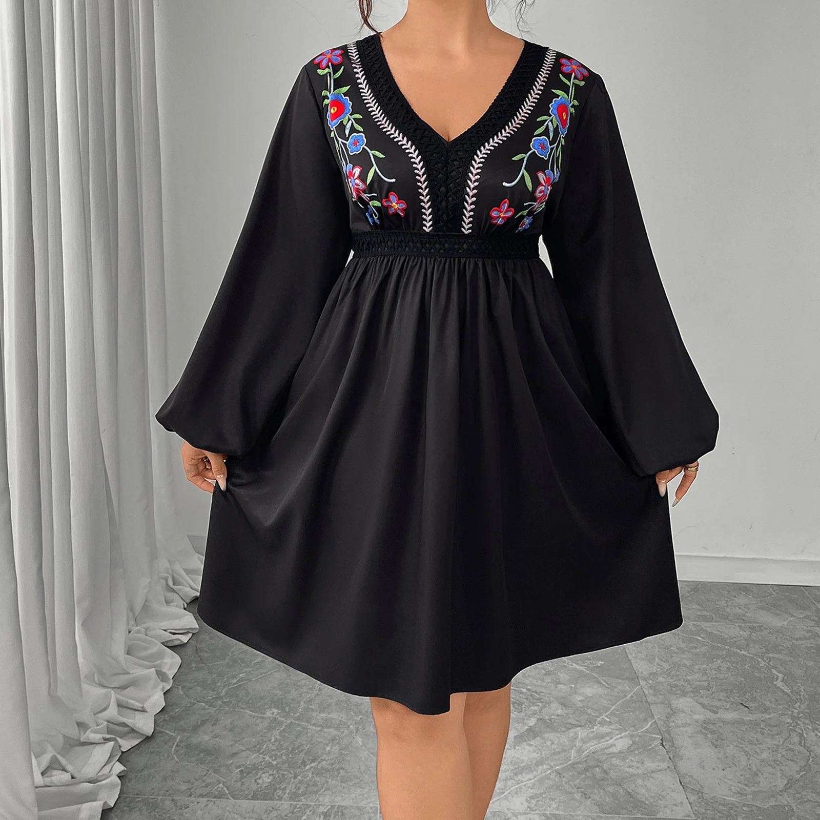 

2026 весеннее женское платье миди, модное женское платье с длинными рукавами, v-образным вырезом, вышивкой и цветком, свободные осенние свободные платья