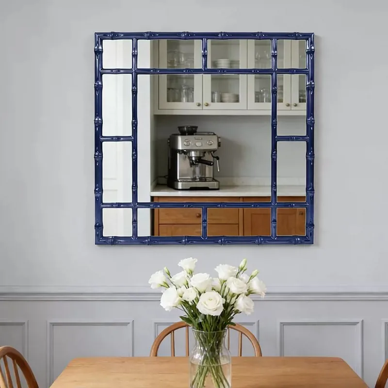 American Vintage Square Mirror Bamboo Frame Wall Decor Mirror for Bathroom, Entryway & Fireplace
