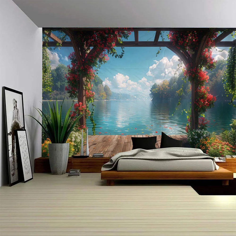 Lake Vine Tapestry with Wooden Frame Garden Balcony Sea View Background Decorative Cloth for Living Room And Bedroom