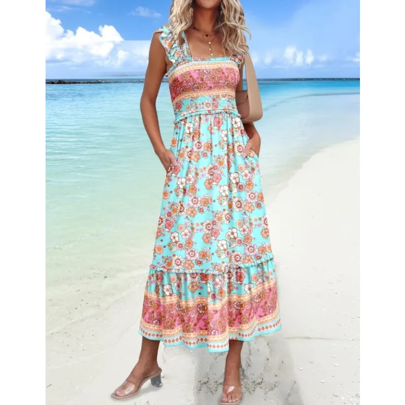Robe mi-longue élégante sans manches pour femmes, nouvelle mode, cintrée à la taille, Style vacances, imprimé floral, taille élastique