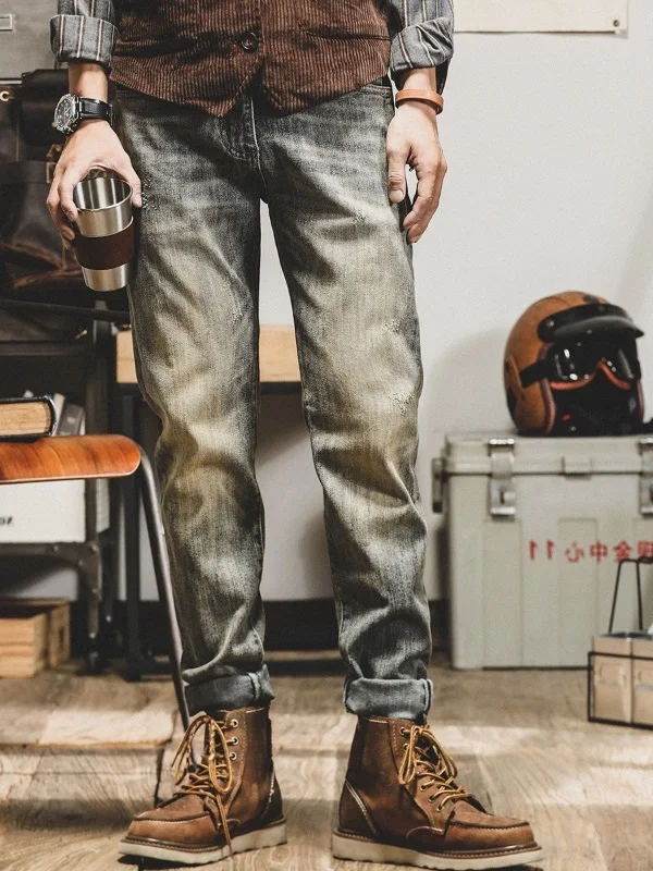 

Мужские винтажные джинсы American Sle прямого кроя, свободные, для весны и осени, повседневные, износостойкие, эластичные, с прямым низом.