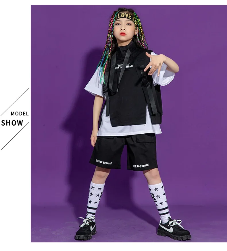 Kinder Hip-Hop-Kleidung, ärmelloses Jackenoberteil, T-Shirt, Streetwear, taktische Cargo-Jogginghose für Mädchen und Jungen, Tanzkostüm, Kleidung. – Detail 11