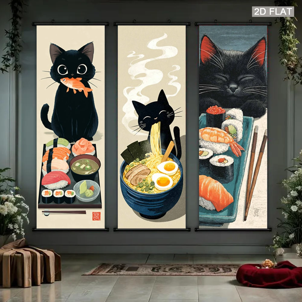 VIKAMA Vintage Cat Scroll Tapestry, Cute and Fluffy Black Cat Sushi and Ramen Ukiyo-e-Style Wall Art, Home Decor