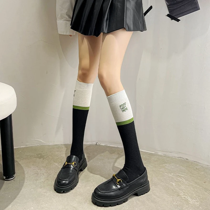 Color blocking Embroidery pattern letter Knee socks women ins fashion Party Queen knee-high stockings Over Knee long ladies girl