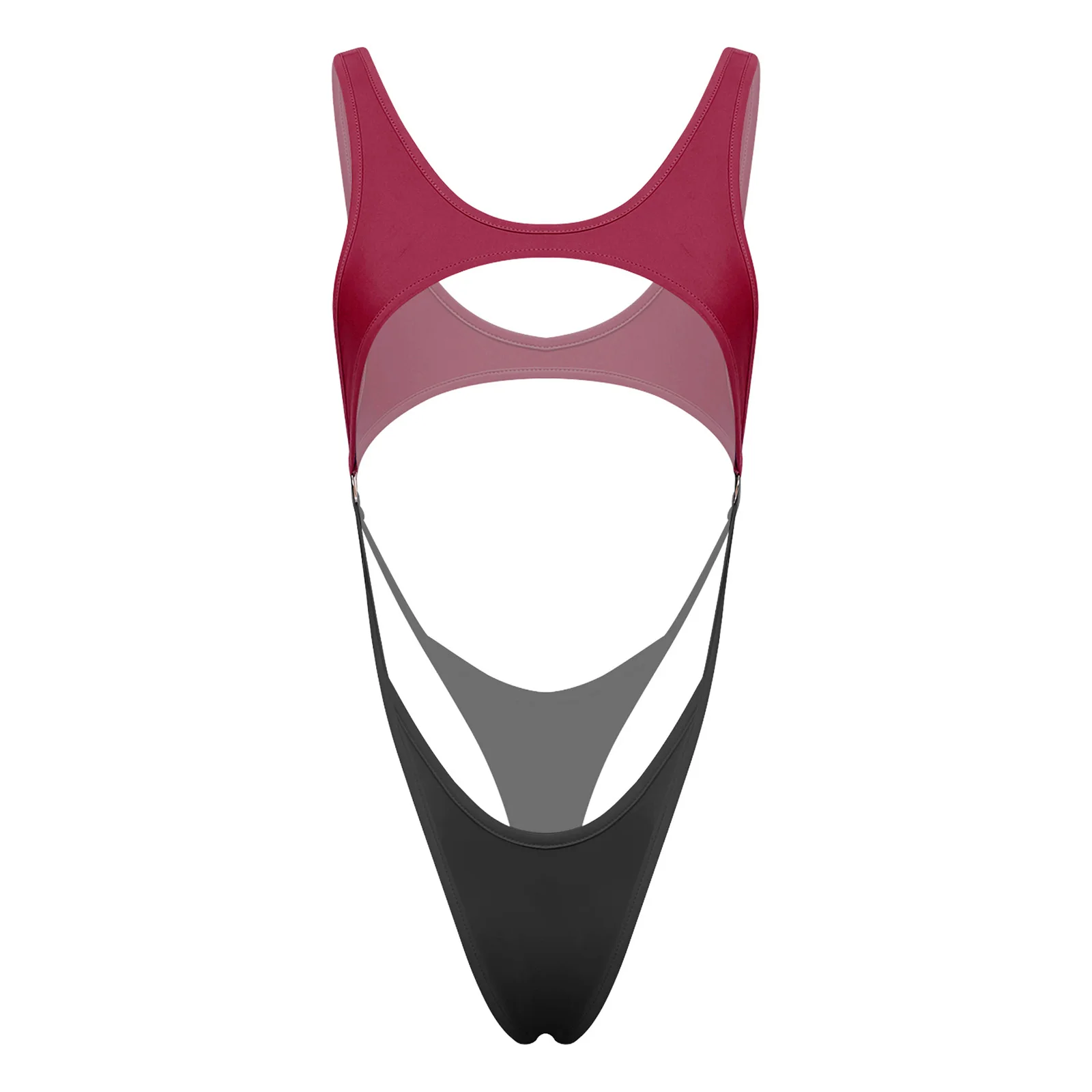 Womens Satin Bikini Thong Bodysuit Swimwear Pool Party Swimsuit Cutout Sleeveless O-ring Cheeky Bodysuit One Piece Bathing Suit