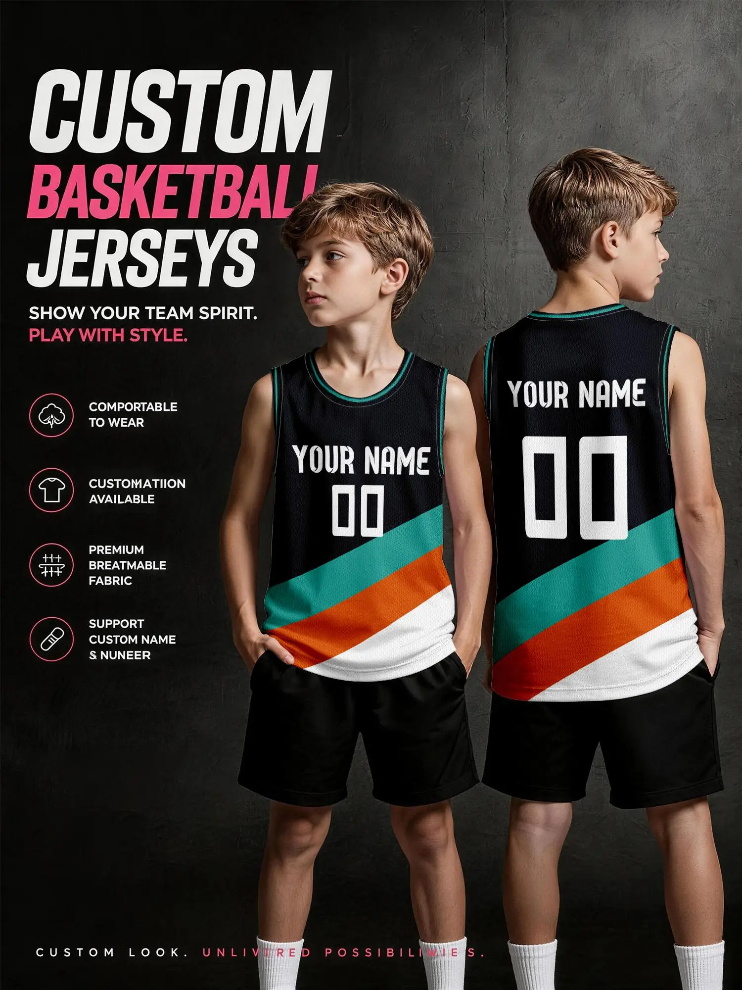 Black‑based Diagonal Color‑block Custom Basketball Jersey, Trendy Spliced Breathable Mesh Vest With Custom Name & Number