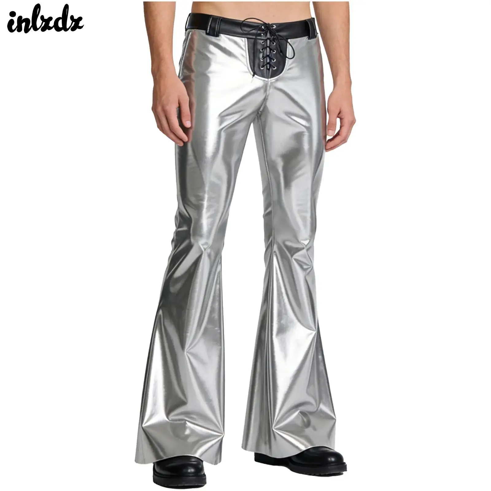 

Mens Flared Trousers Shiny Metallic 70s Disco Pants Jazz Dancewear Vintage Cowboy Costume Lacing Waist Bell Bottom Clubwear