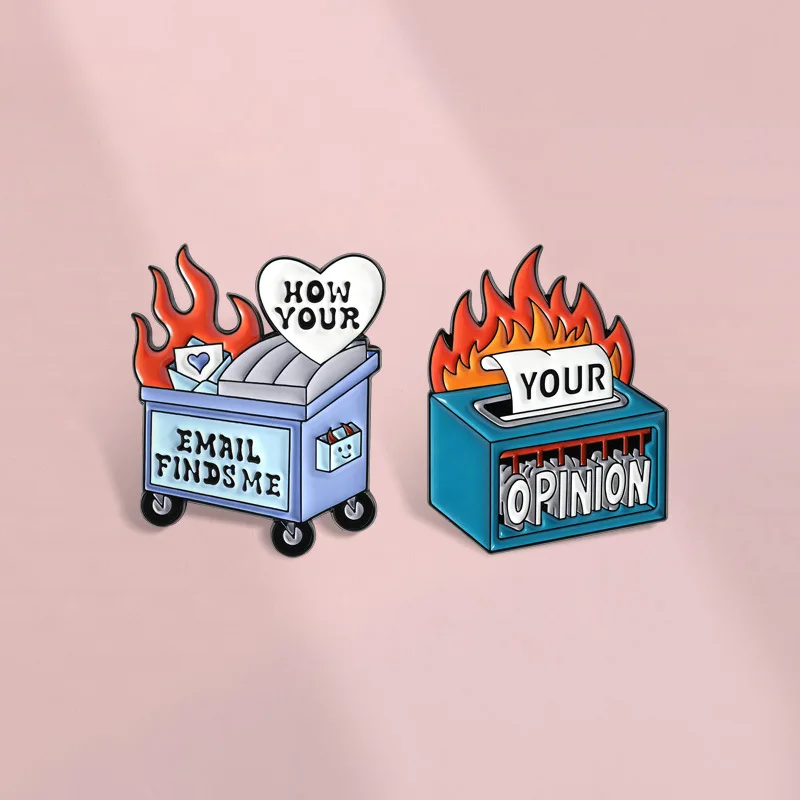 New funny trash can shaped brooch cartoon flame love English quotes alloy badge accessory