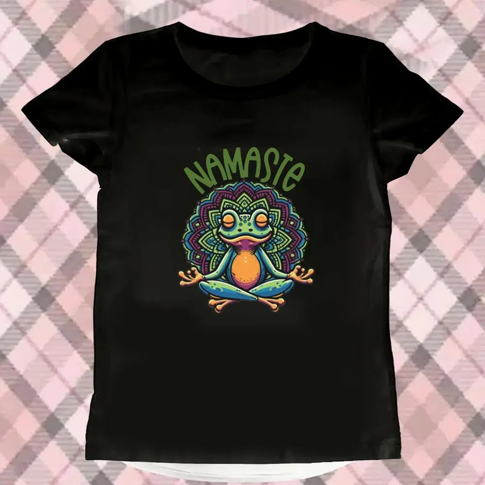 Namaste Frog Meme Printed T-Shirt Women Summer Short Sleeve Yoga Mandala Cute Animal Tops Female Casual Fashion Harajuku Clothes