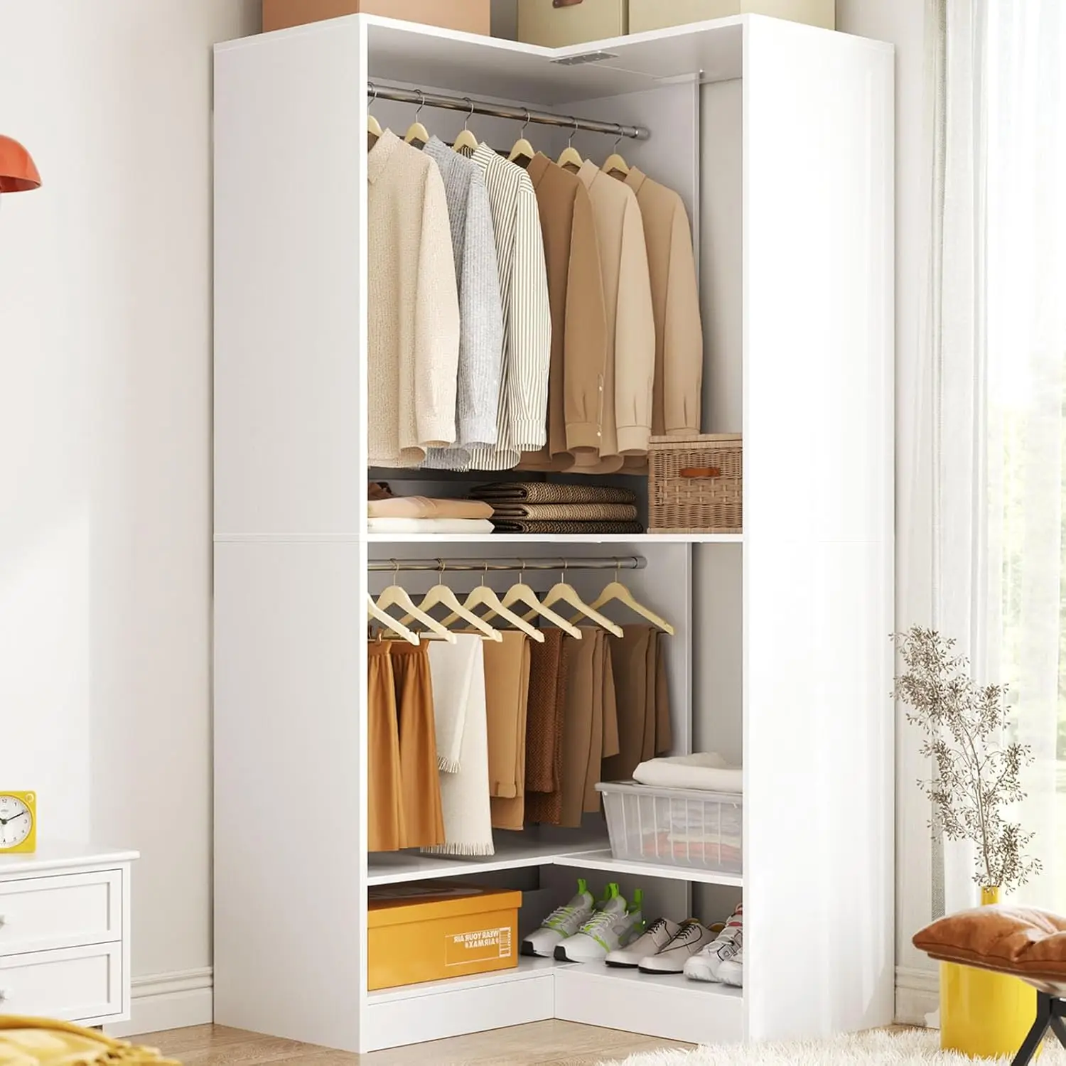 Corner Closet System Modular with Upper & Lower Hanging Areas and Shoe Shelf, Corner Wardrobe Organizer, Easy Assembly