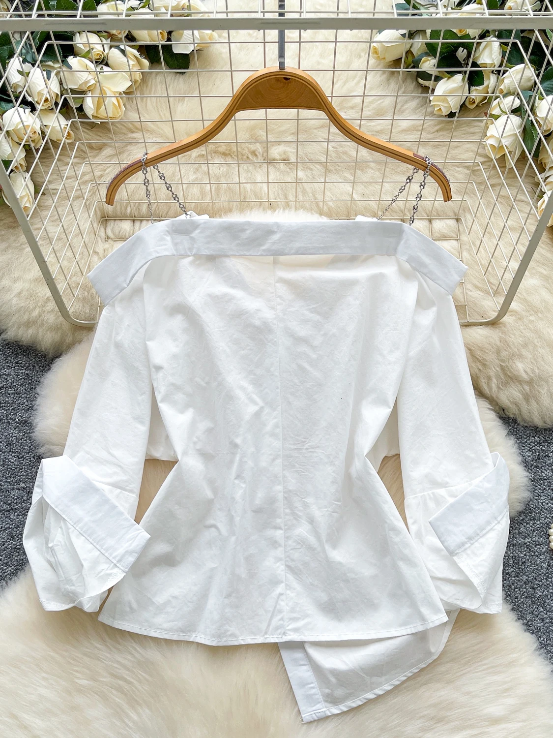 Casual Sle Long Sve Oulder Bared Strap Irt Vielseitiges, faionable Herbstoberteil für Damen, hautfreundlich, atmungsaktiv, Polyester...