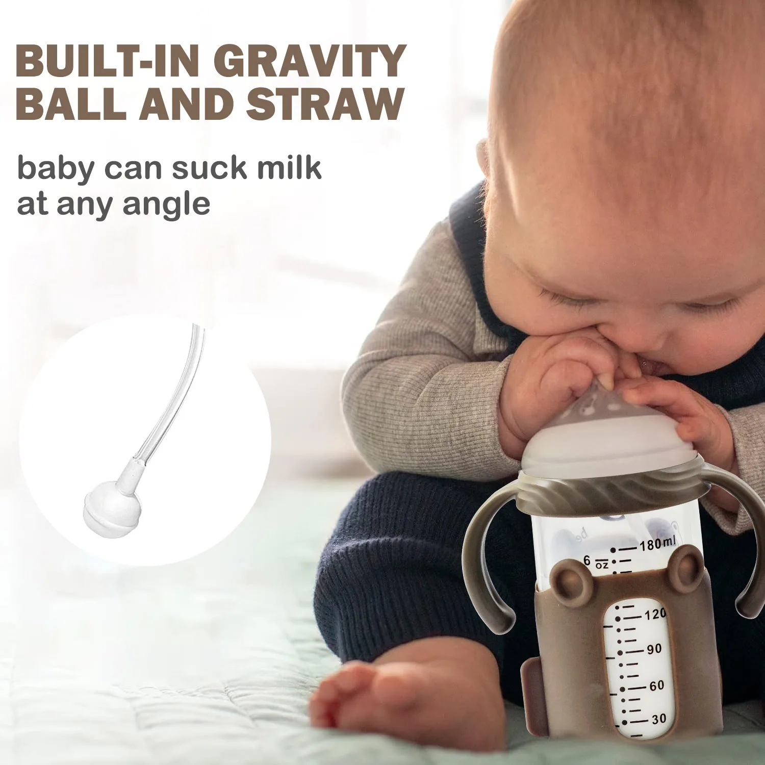 Nuovo biberon in vetro da 180 ml, coppetta per bambini con palla a gravità, a prova di perdite e a prova di caduta, copertura protettiva in silicone,