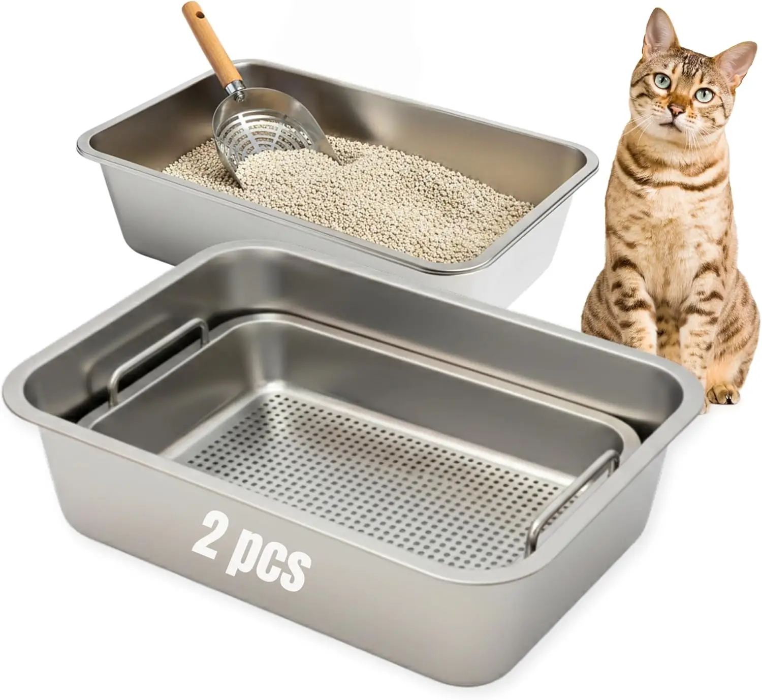 

Набор для кошачьего туалета из нержавеющей стали – металлический лоток с высокими бортиками, комплект из 4 предметов с 2 поддонами, ситечком и совком, iu
