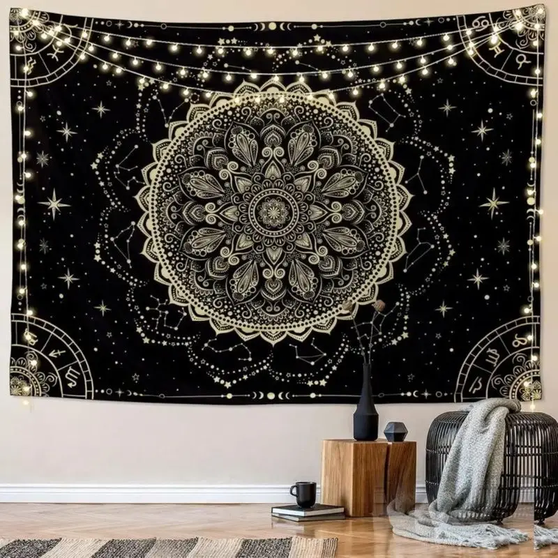 VIKAMA Black Gold Mandala Zodiac Constellation Wall Tapestry Celestial Star Circle Flower Bohemian Bedroom Living Room Dorm Soft