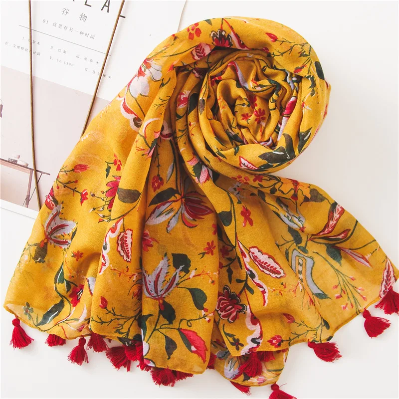 KYQIAO women pastoralism style long ginger print hijab scarf female winter boho muffler headband wrap pashmina muslim hijab