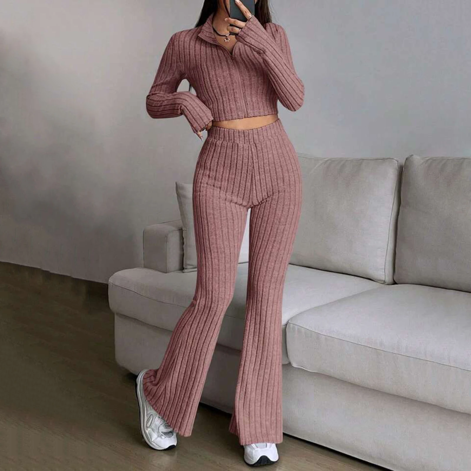 Fashion Solid Color Ribbed Two-piece Zipper Long Sleeved Short Top and High Waisted Flared Pants Set for Women's Casual Wear