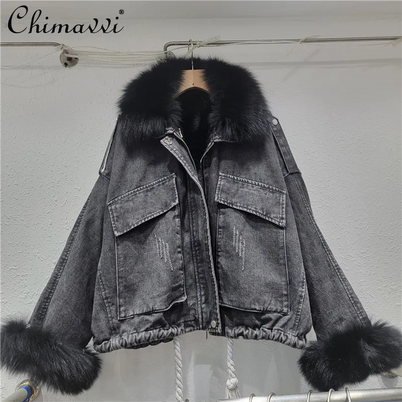 الراقية الفراء الحقيقي طوق الدنيم سترة المرأة مبطنة بالصوف سميكة الشتاء الكورية موضة فضفاضة Batwing كم معطف القطن الدافئ