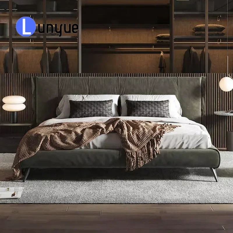 Modern Oak Walnut Queen Bed Frosted Fabric Tatami Storage Master Bedroom Wedding Furniture Eco-friendly Deluxe Platform