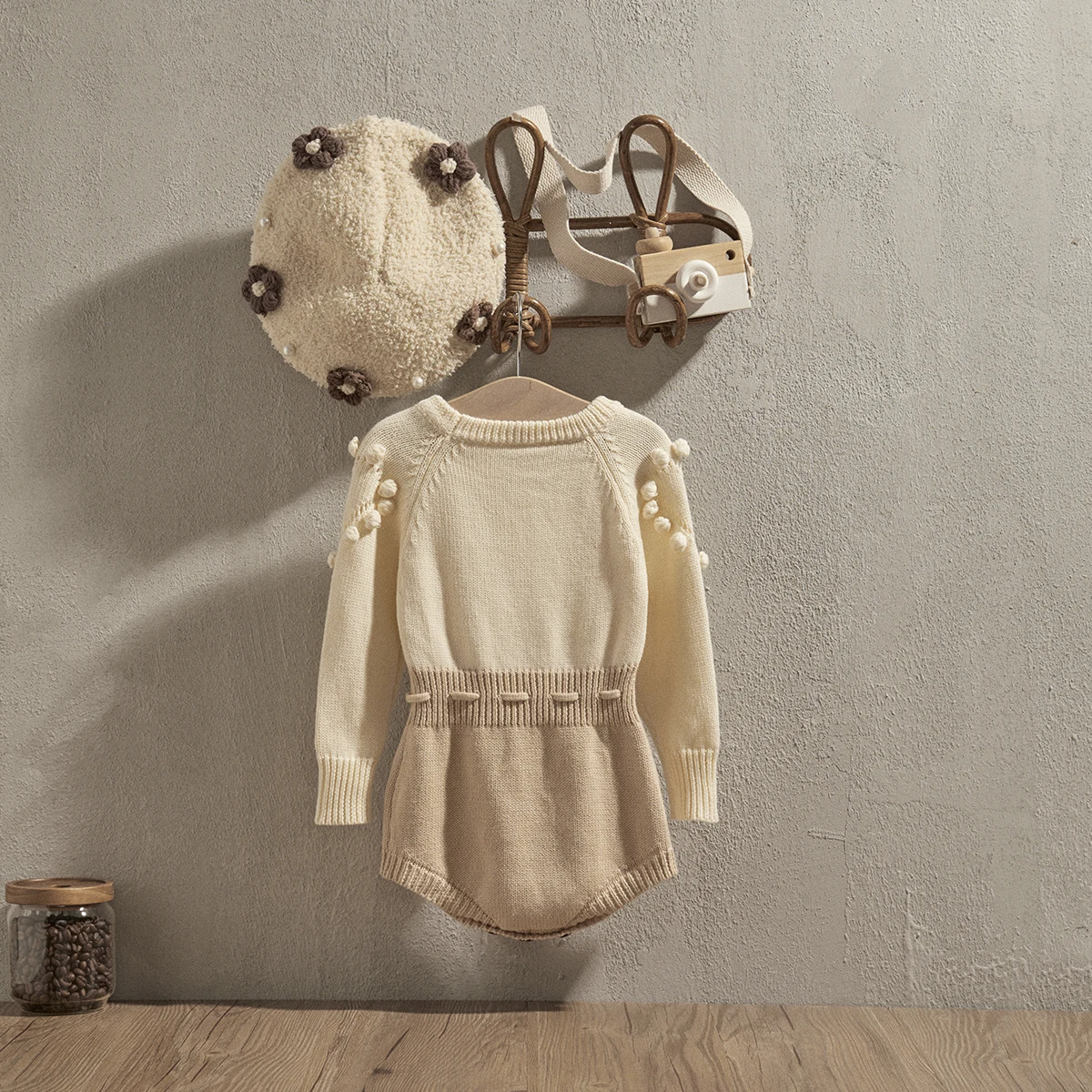 EWODOS Baby Girl Winter Romper Fashion Newborn Long Sleeve Botknot Beige Knitted Patchwork Overalls Jumpsuit Baby Autumn Clothes