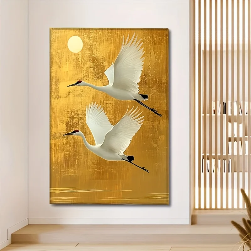 Art mural élégant sans cadre avec grue blanche et fond doré, impression de style chinois sans cadre, peinture décorative tranquille, 1 pièce