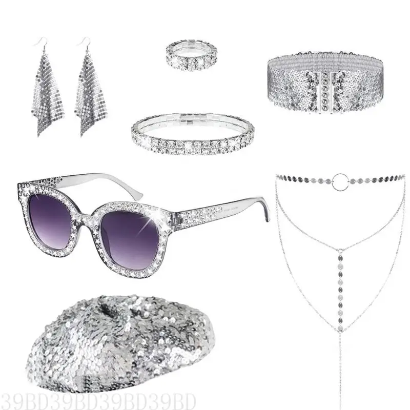 Phụ kiện Disco 39BD Bộ trang phục Disco 70s đặt kính râm cho trang phục ưa thích của Halloween