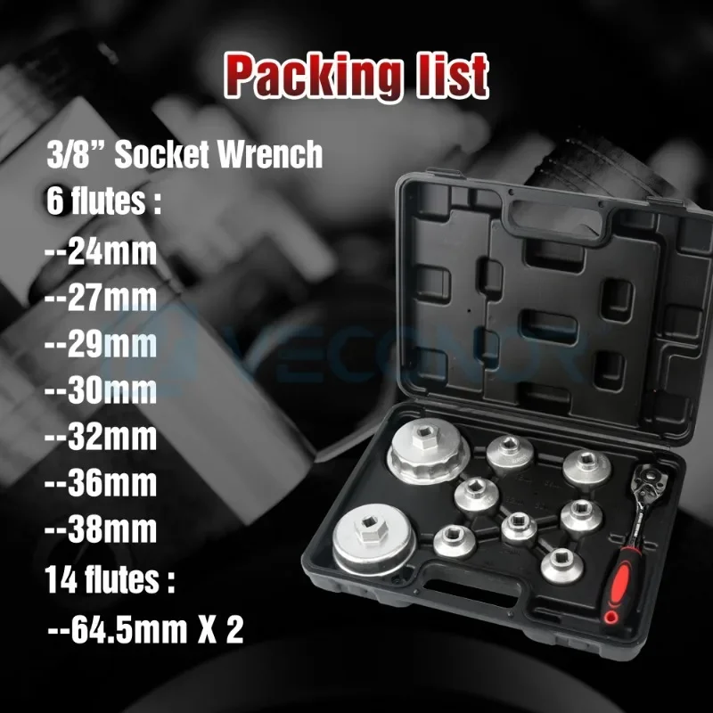 Oil Filter Wrench Cap Engine Filter Sleeve Tool Oil Filter Removal Wrench Socket Set with Special Spanner Portable Storage Case