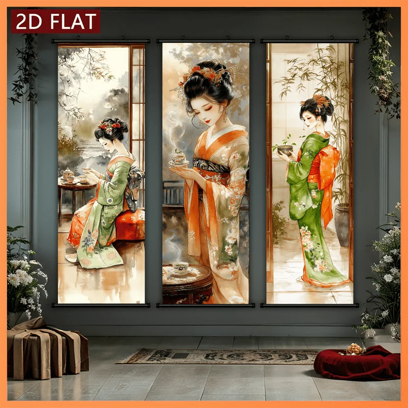 VIKAMA Japanese Geisha Kimono Wall Art Hanging Scroll Poster Asian Tea Ceremony Canvas Painting for Living Room Bedroom Decor