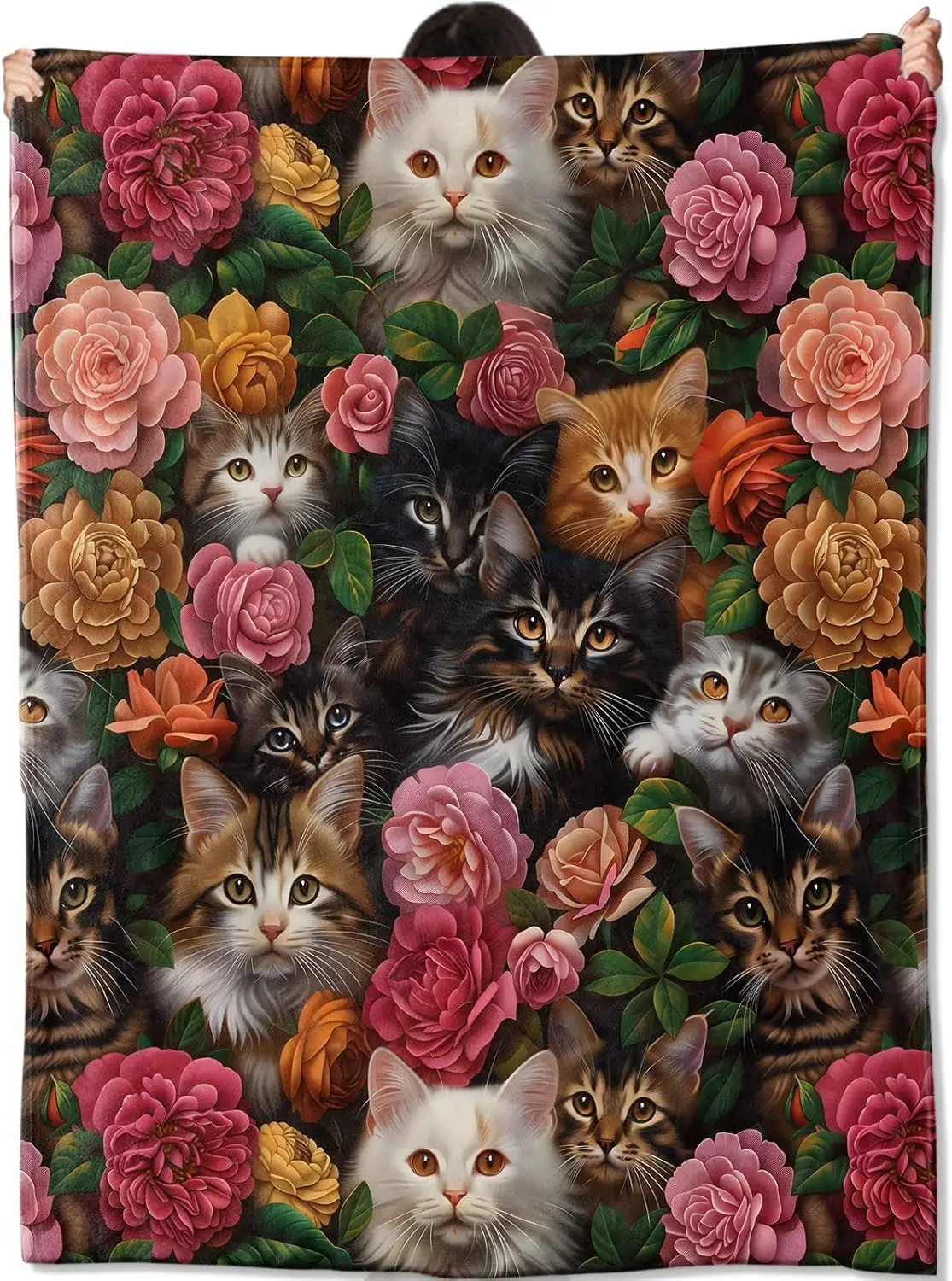 Cute Cat Floral Peony Pattern Throw Blanket Cozy Home Decor Luxury Seasonal Autumn Spring Living Room Gift
