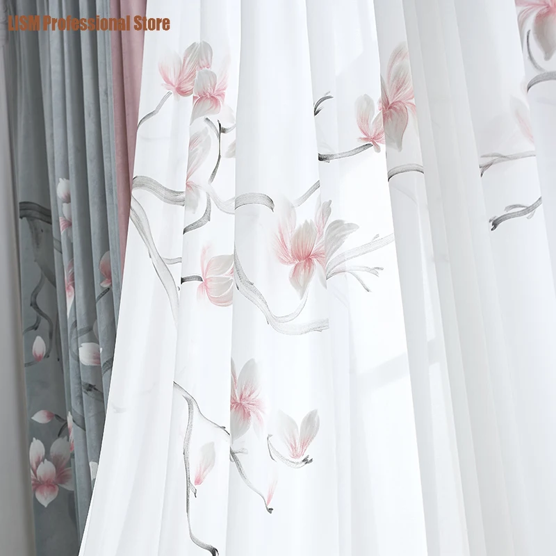 

Chinese-style Hand-painted Magnolia Flower Flocking Cloth Stitching Blackout Curtains for Living Room Bedroom Finished Product