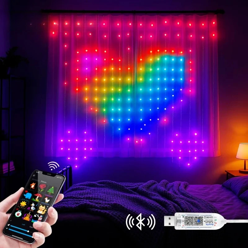Smart APP RGBIC Fairy LED Curtain Light String DIY Text Pattern Display Music Sync Valentine's Birthday Party Christmas Decor