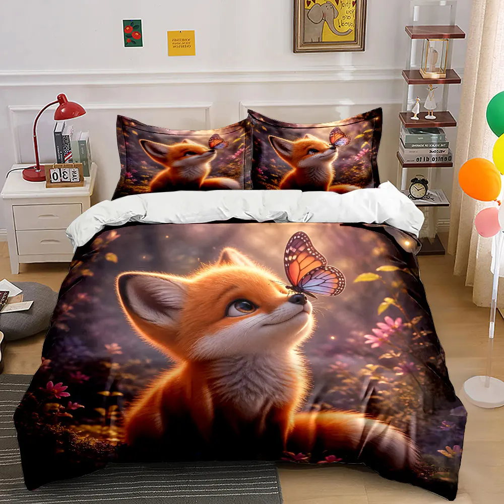 Adorable fox and butterfly encounter Print Bedding set 3PC 1 duvet cover 2 pillowcases adult and children bedding set Luxury
