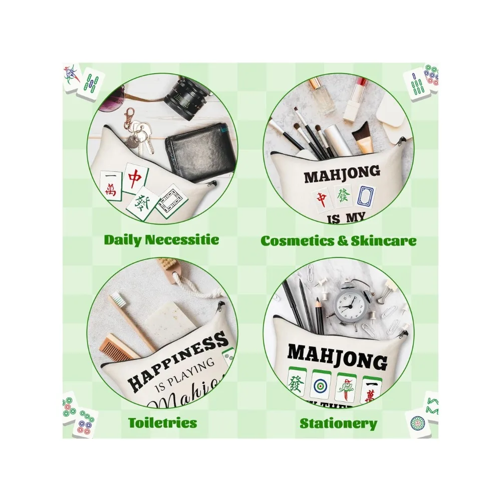 حقيبة مكياج جونغ المضحكة - 4 قطع من بلاط ماجونج لاكي هدايا السفر وأدوات الزينة وسحاب منظم حقيبة مستحضرات التجميل وحقيبة القلم والمحفظة