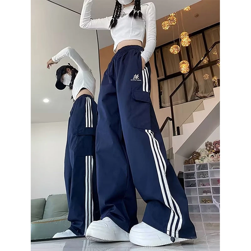 

Y2K Striped Cargo Pants Women Oversized Wide Leg Sweatpants Streetwear Harajuku Baggy Joggers Summer High Waist Black Trousers