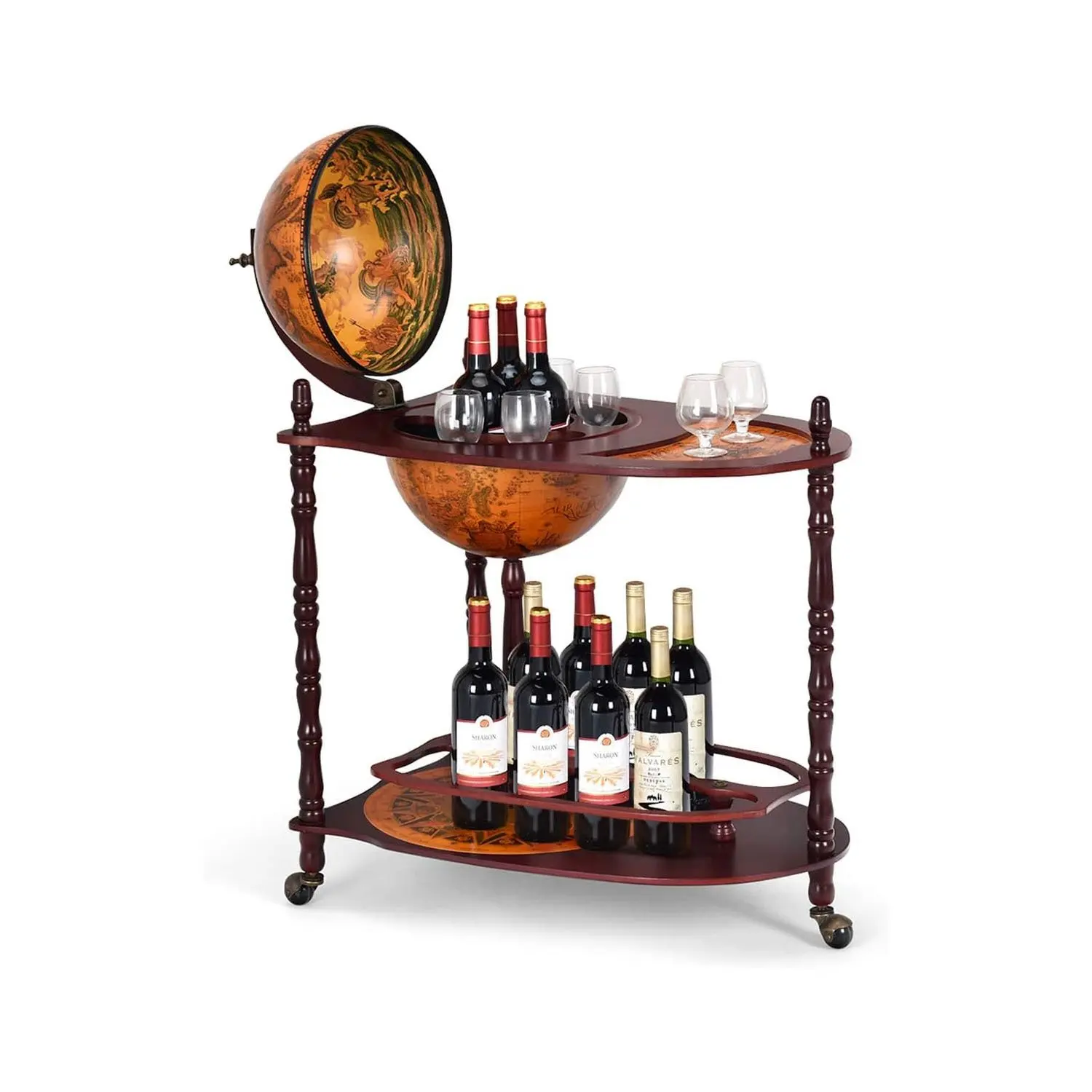 Italienische Bar aus dem 16. Jahrhundert, kugelförmiges Wein regal aus Holz mit 3 Beinen, Flaschen regal aus Holz auf 3 Rollen, braun