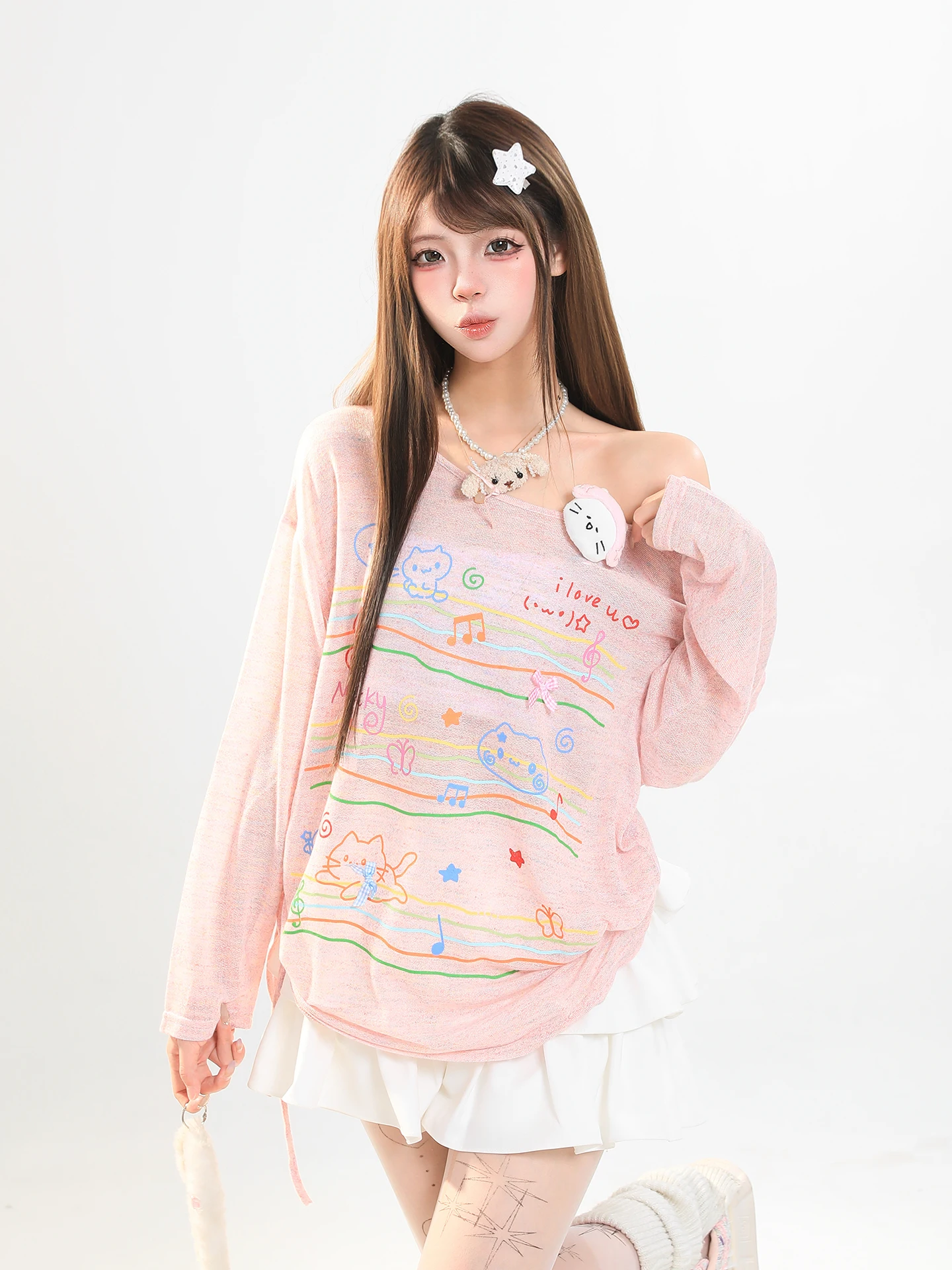 Sweet Girl Animal Print Long Sleeve Loose Women's T-shirt Spring Unique Beautiful Sun Protection Cover up Top Casual Style