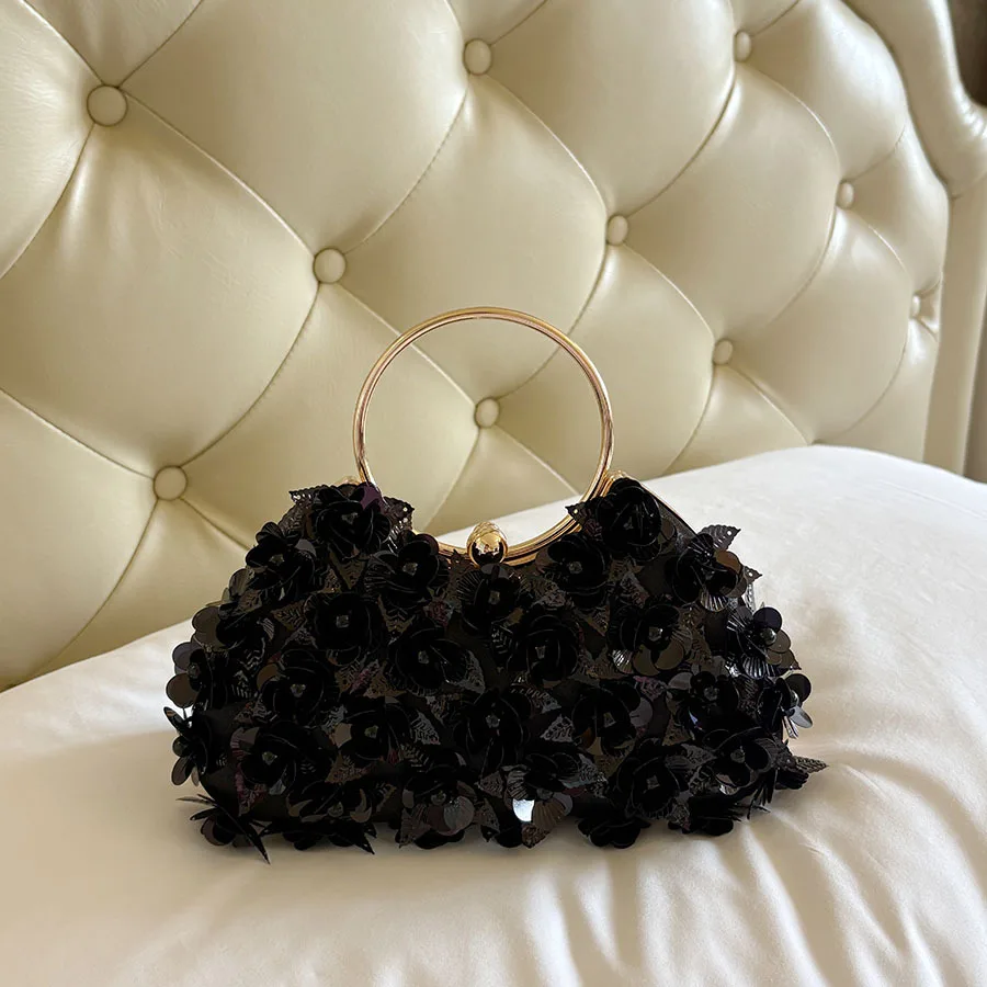 New sequined flower dinner  banquet beaded ball  dress ring portable evening bag