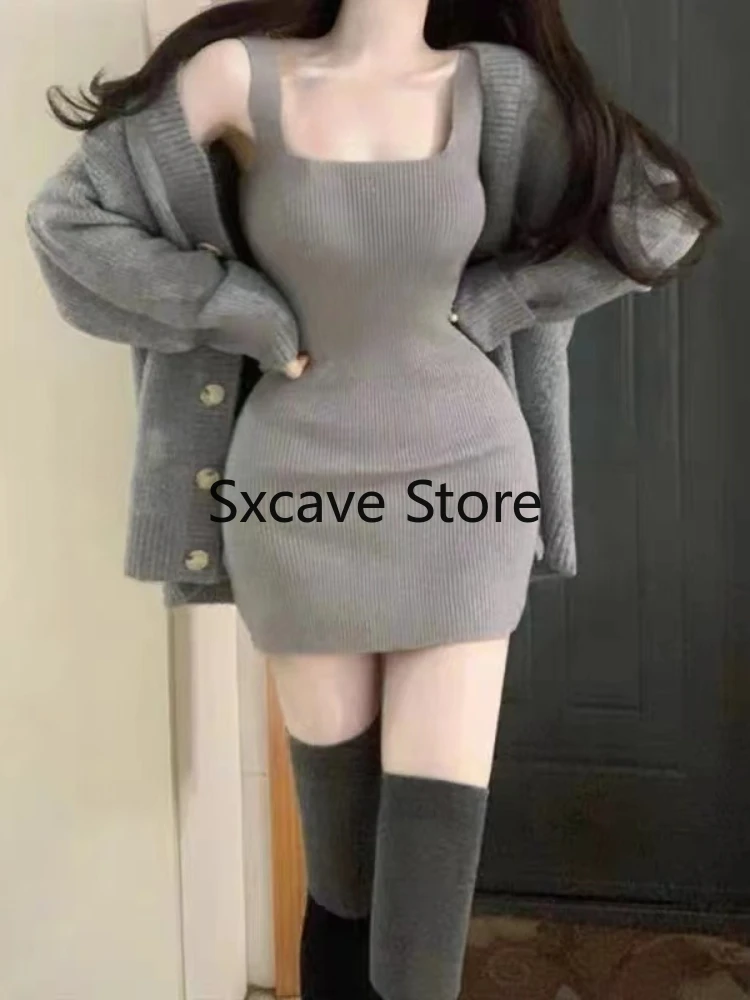 Gray 2 Piece Dress Set Women Casual Long Sleeve Cardigan + Bodycon Strap Sweater Dress Evening Party Knitted Suit 2023autumn