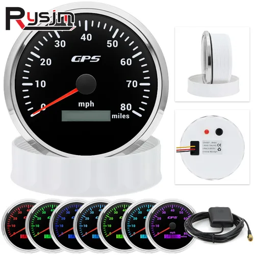 오토바이 보트 자동차 트럭용 GPS 속도계, GPS 안테나 장착 속도 게이지 계량기, 7 가지 색상 백라이트, 110mm, 60 km, 120 km, 200km, 80MPH