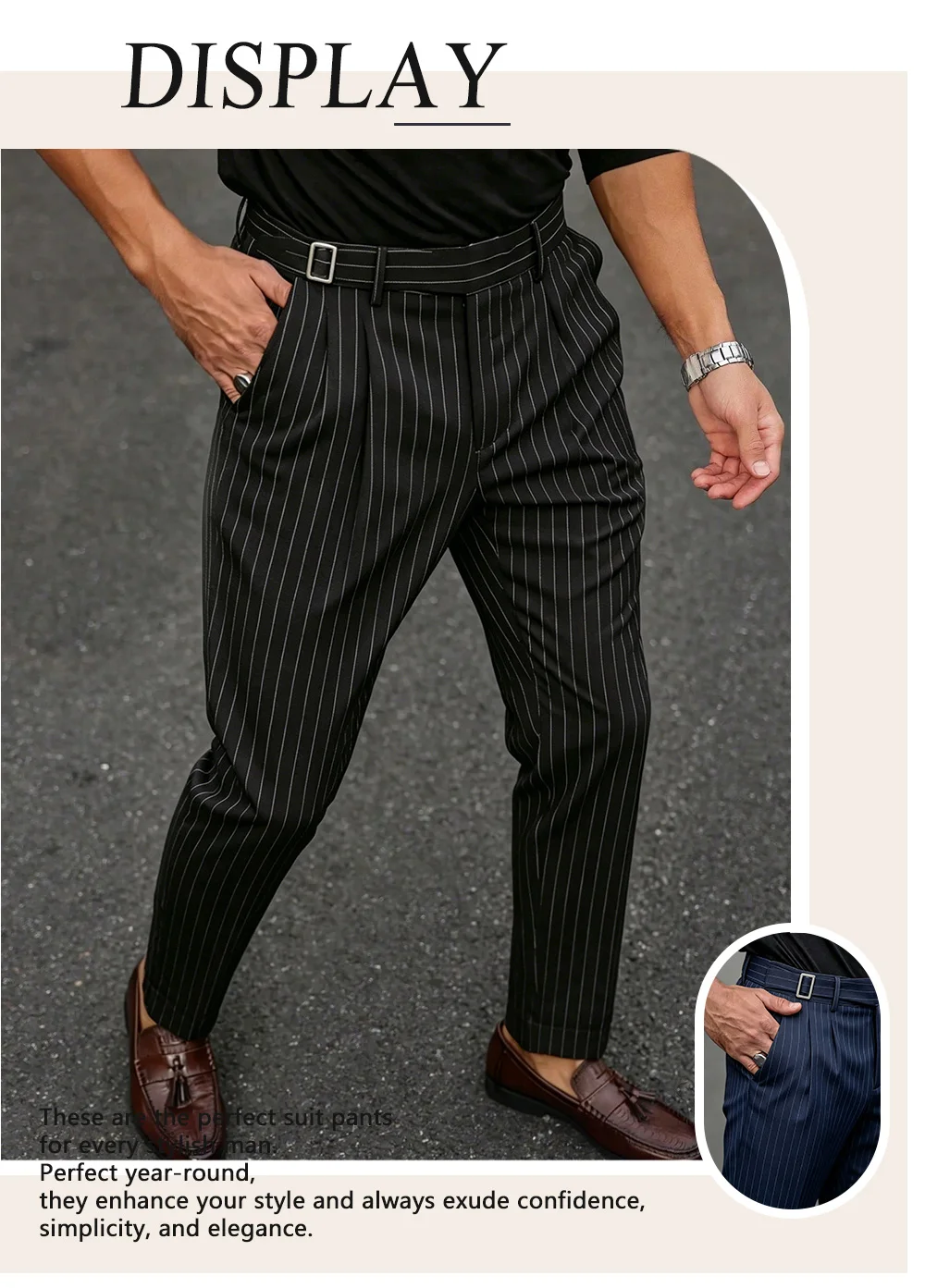 Herrenhose mit Streifenmuster, aus gewebtem Stoff, mit verstellbarem Bund und Knopf, gerades Bein, mit Taschen, elegante Business-Hose für Büro und Alltag. – Detail 1