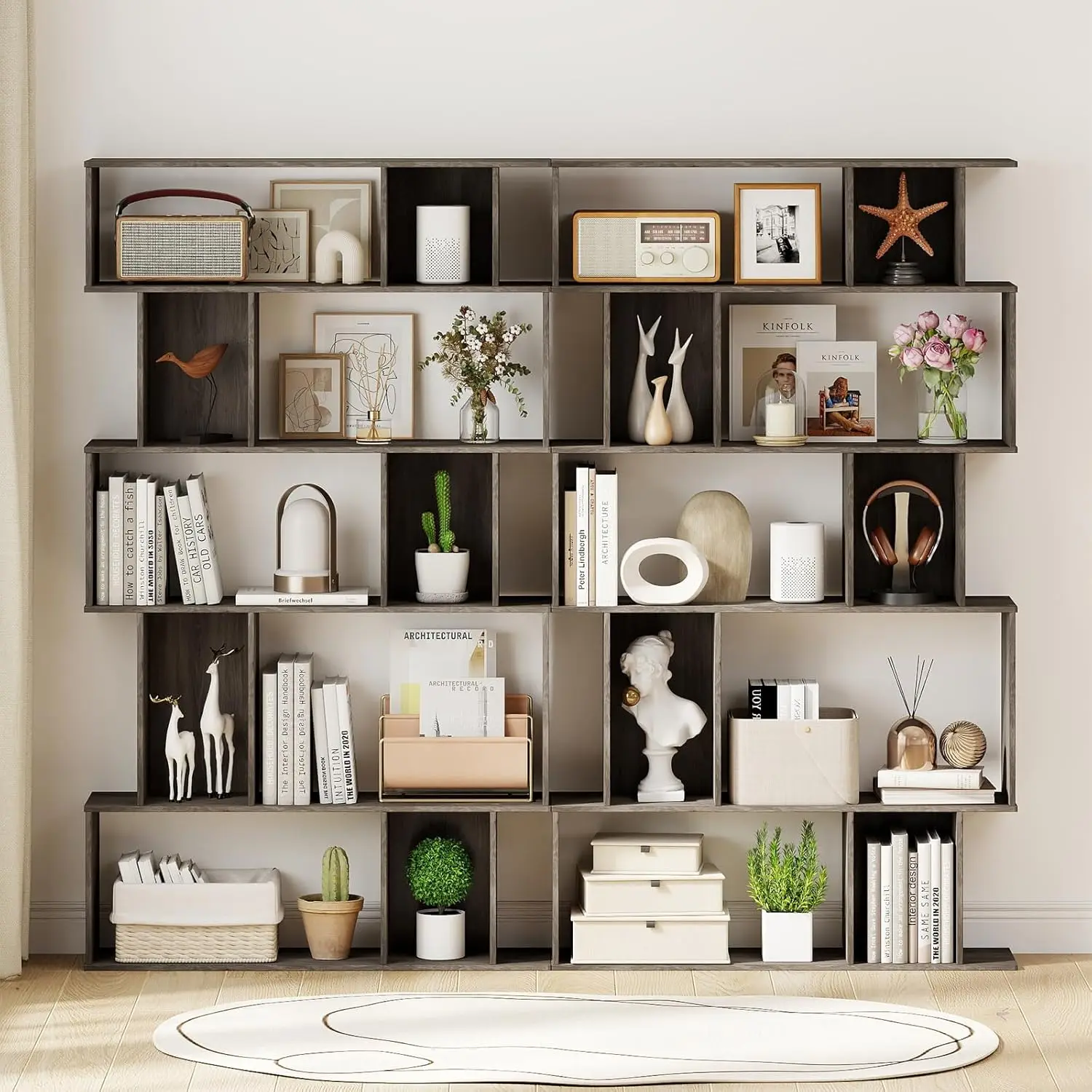 

5-Tier Geometric Bookshelf 62"H Open & Closed S-Shape Display Storage Organizer Living Room Bedroom Office Gray Oak, Customized