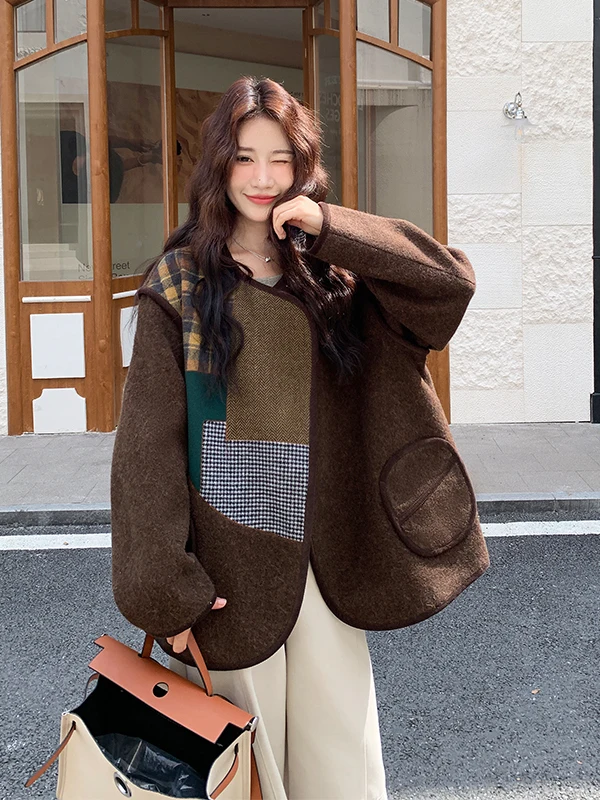 

Шерстяное пальто в клетку с цветными вставками, женское, корейская версия, осень-зима, новинка, суперстильное, очень красивое