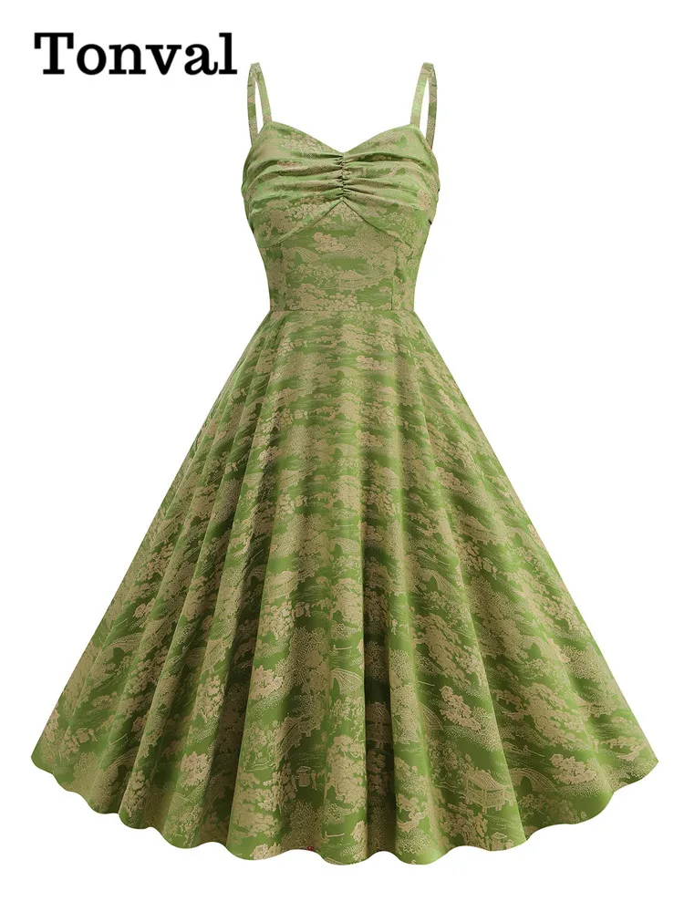 Tonval Spaghetti Strap Green Jacquard abiti da festa Vintage estate vita alta donna increspato davanti Fit e Flare Swing Dress