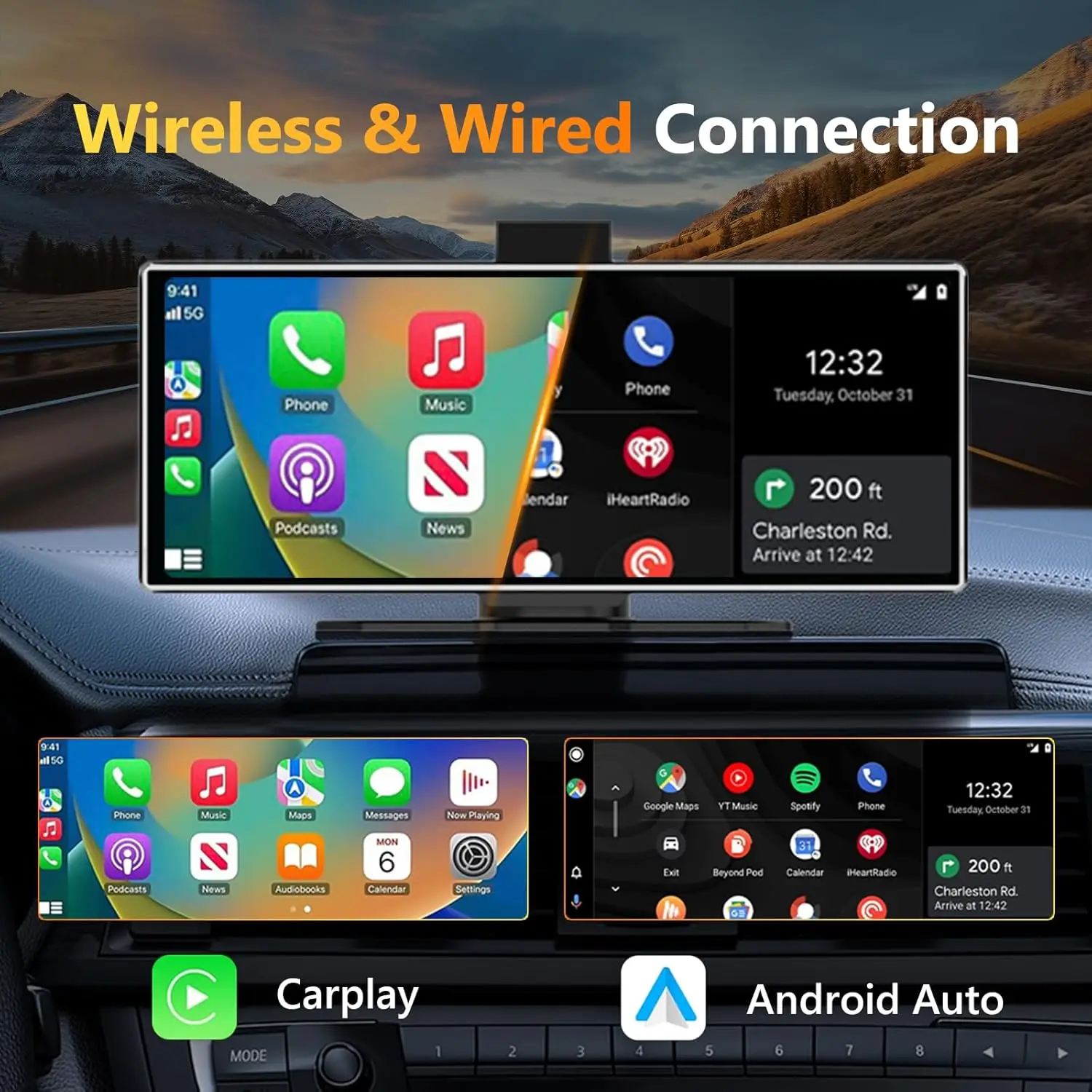 Jansite 11,26-calowy bezprzewodowy CarPlay i Android Auto 4K Kamera samochodowa DVR Bluetooth Audio AUX GPS Nawigacja Deska rozdzielcza Rejestrator wideo