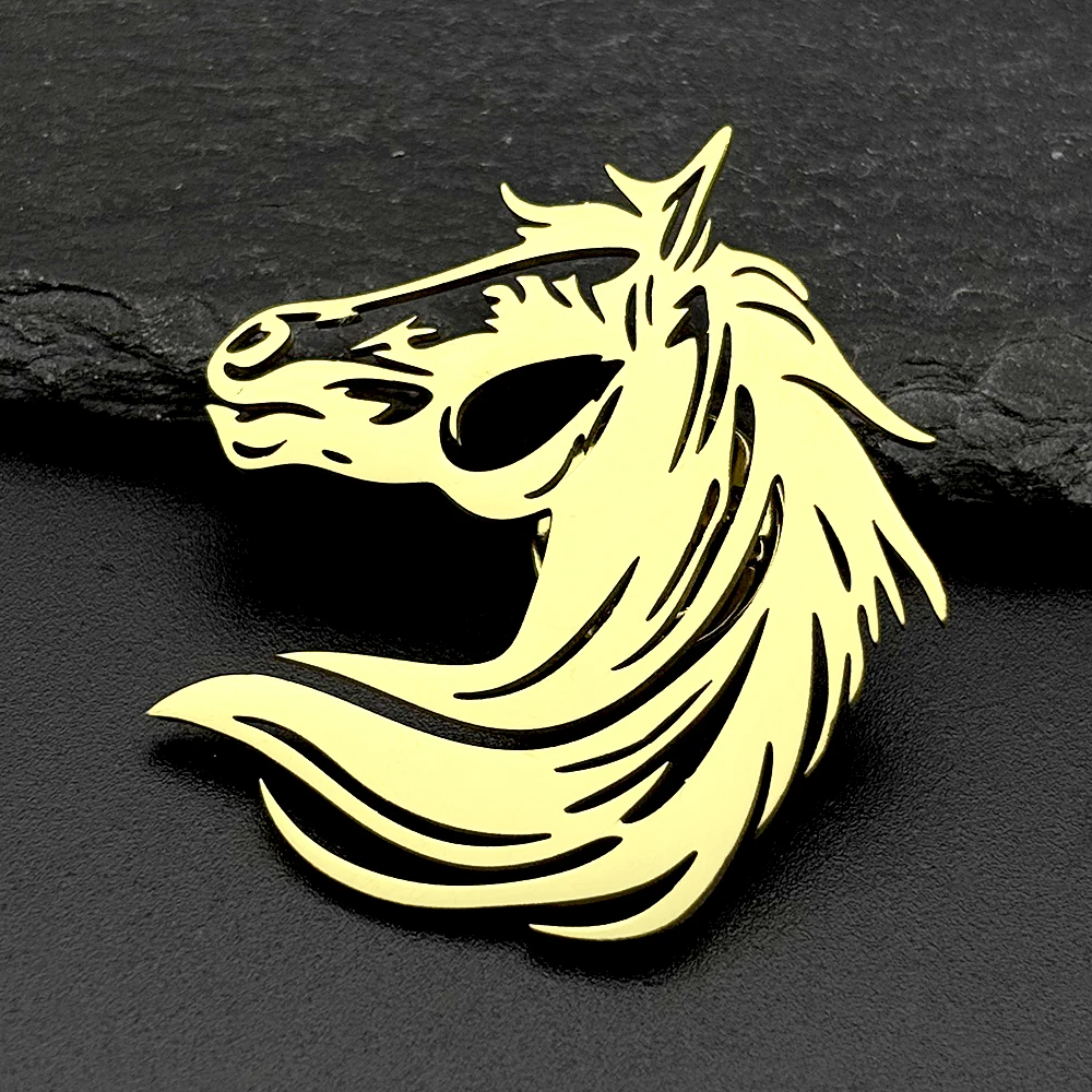 Originelles Design Pferdekopf-Brosche Ausgehöhlter Edelstahl Goldfarben Anzug-Reversnadel Herren Formelle Kleidung Schmuck Accessoires ﻿