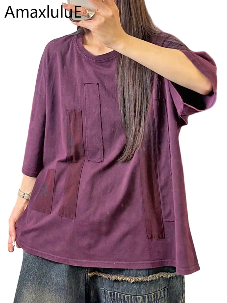 

Amax LuluE 2026 Summer Vintage Clothes Womens Loose Patchwork Cotton Tee Shirts Ladies Casual Classic O Neck Short Sleeve Tops